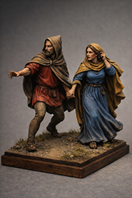 Couple de Gallo-Romains de la campagne marchant sur un chemin rural, figurine historique avec socle en bois